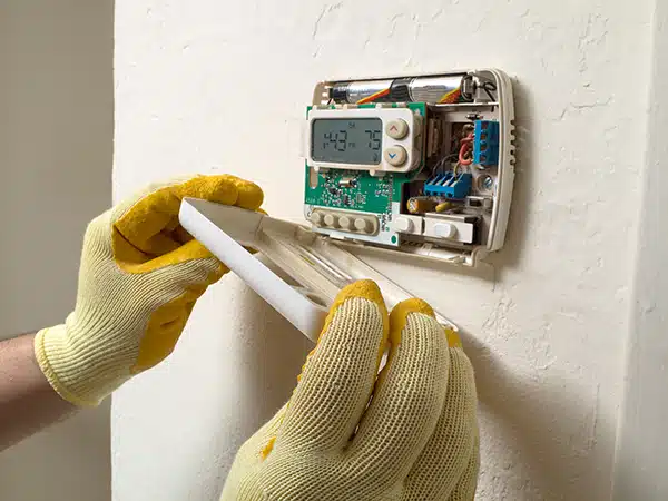 An electrician working on a thermostat.